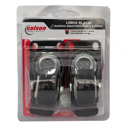 Rodízio Giratório Black 50mm 50kg com Placa e Freio Roda Preto - Colson