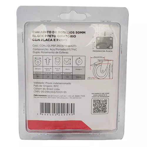 Rodízio Giratório Black 50mm 50kg com Placa e Freio Roda Preto - Colson