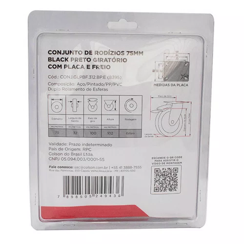 Rodízio Giratório com Freio Black 75mm 70kg Preto - Colson