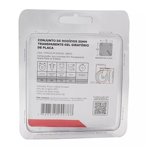 Rodízio Giratório Série Gel 35mm 30kg com Placa e Roda Transparente - Colson