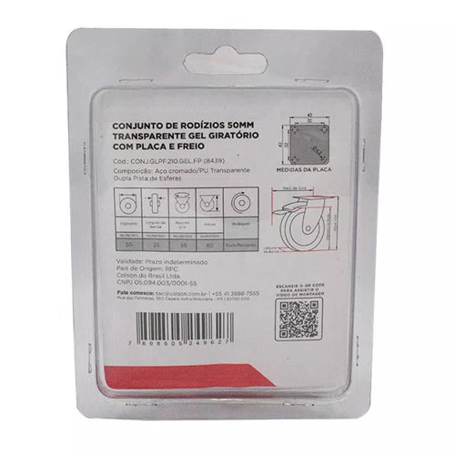 Rodízio Giratório Série Gel 50mm 40kg com Placa e Freio Roda Transparente - Colson