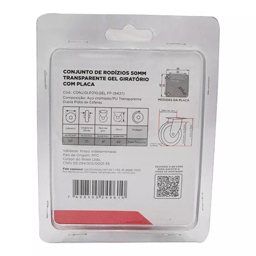 Rodízio Giratório Série Gel 50mm 40kg com Placa Roda Transparente - Colson