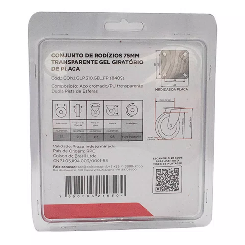Rodízio Giratório Série Gel com Placa 75mm 50kg Transparente - Colson