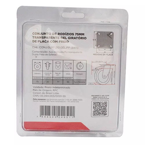 Rodízio Giratório Série Gel com Placa e Freio 75mm 50kg Transparente - Colson