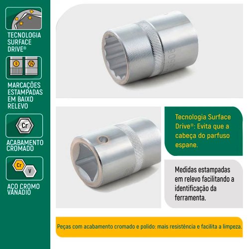 Soquete Estriado 1/2" de 30mm - Sata