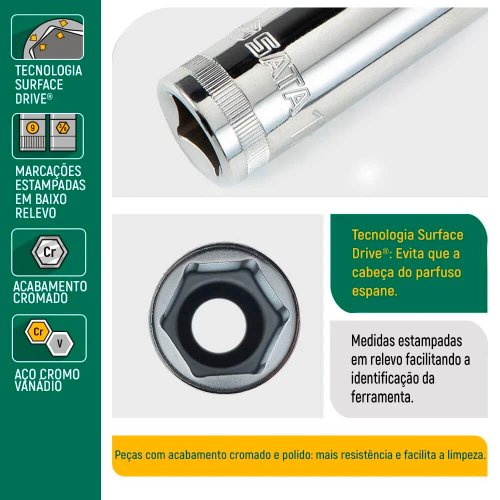 Soquete Sextavado Longo 1/2" de 16mm - Sata