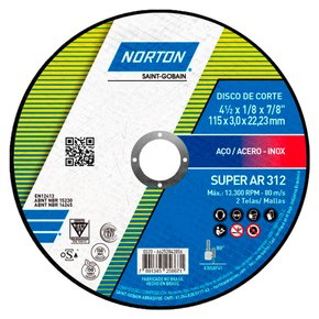 Disco de Corte AR312 - 115 x 3,0 x 22,22 - Norton Disco de Corte AR312 - 115 x 3,0 x 22,22 - Norton