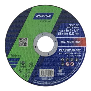 Disco de Corte Inox AR102 - 115 X 1,0 X 22,23 - Norton Disco de Corte Inox AR102 - 115 X 1,0 X 22,23 - Norton