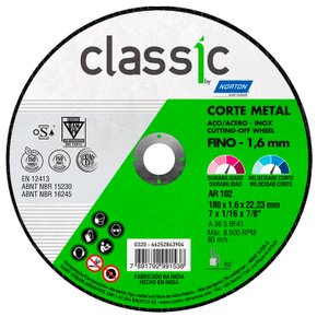 Disco de Corte Metal Inox AR102 180X1,6X22,23 - Norton Disco de Corte Metal Inox AR102 180X1,6X22,23 - Norton