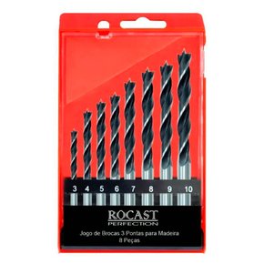 Jogo de Brocas para Madeira 3 Pontas 8pçs 3.0 a 10.0mm - Rocast